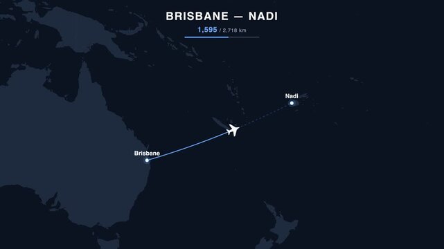 Flight route from Brisbane to Nadi animated on a world map. Seamless looping 4K travel animation, 2,718 km.
