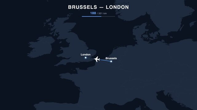 Flight route from Brussels to London animated on a world map. Seamless looping 4K travel animation, 321 km.