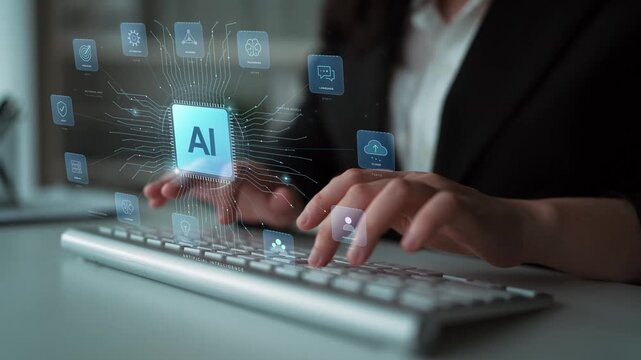 A person types on a keyboard. A connected AI system brings learning and memory together with language capabilities, supporting a concept of adaptable assistance and intelligent automation.