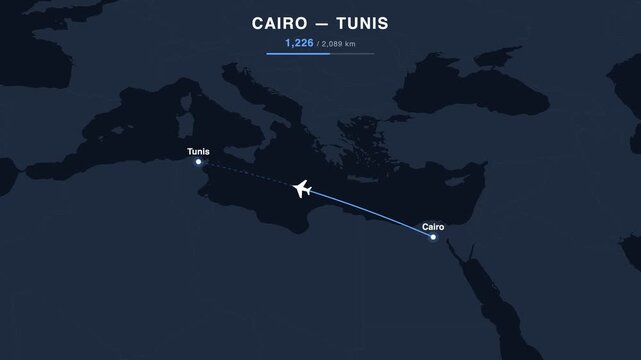 Flight route from Cairo to Tunis animated on a world map. Seamless looping 4K travel animation, 2,089 km.