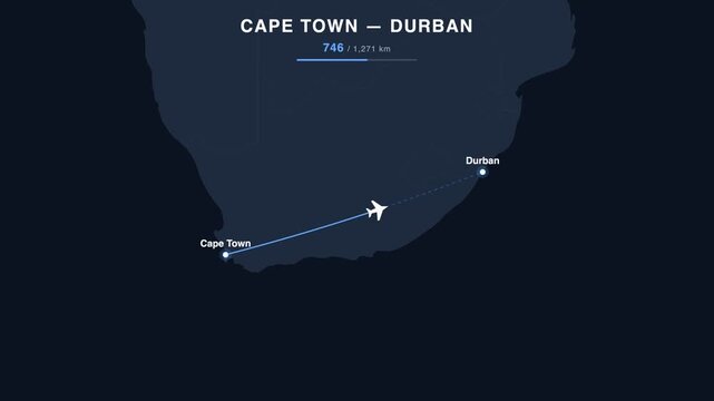 Flight route from Cape Town to Durban animated on a world map. Seamless looping 4K travel animation, 1,271 km.