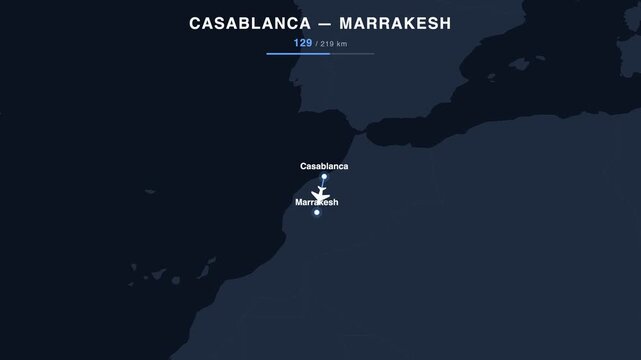 Flight route from Casablanca to Marrakesh animated on a world map. Seamless looping 4K travel animation, 219 km.