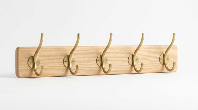 Wall mounted light wood peg board rack with five brass metal clothing hooks on generated using ai