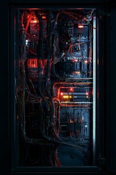 Network cabinet with many wires and equipment lit by red lights