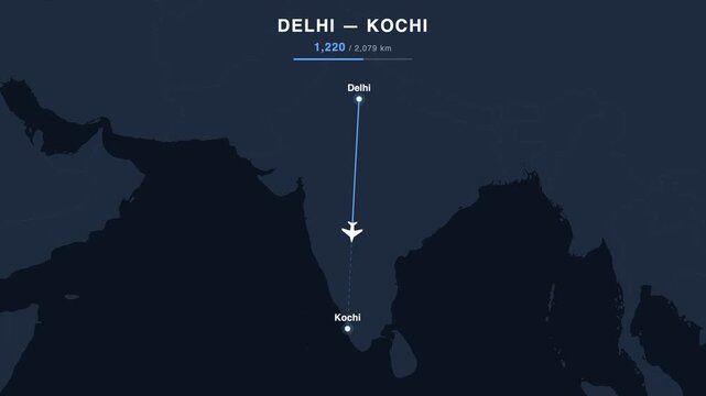 Flight route from Delhi to Kochi animated on a world map. Seamless looping 4K travel animation, 2,079 km.