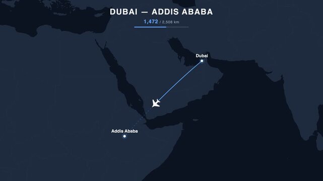 Flight route from Dubai to Addis Ababa animated on a world map. Seamless looping 4K travel animation, 2,508 km.