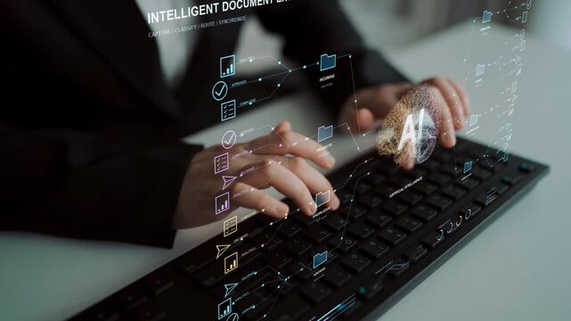 A person types on a keyboard. A document automation system connects source files with departmental activity, combining verification and routing to support controlled information exchange.