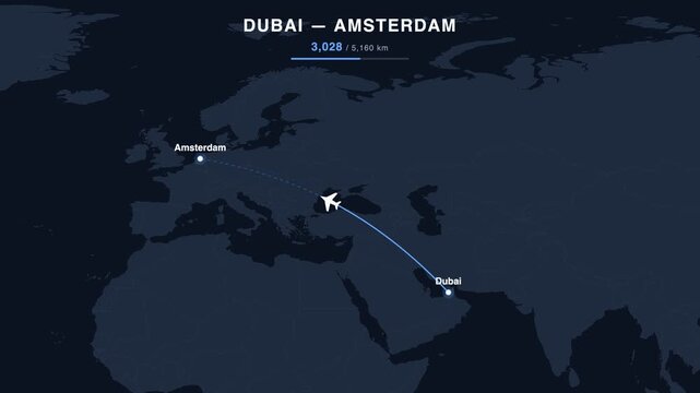 Flight route from Dubai to Amsterdam animated on a world map. Seamless looping 4K travel animation, 5,160 km.