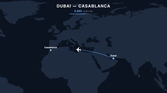 Flight route from Dubai to Casablanca animated on a world map. Seamless looping 4K travel animation, 6,071 km.