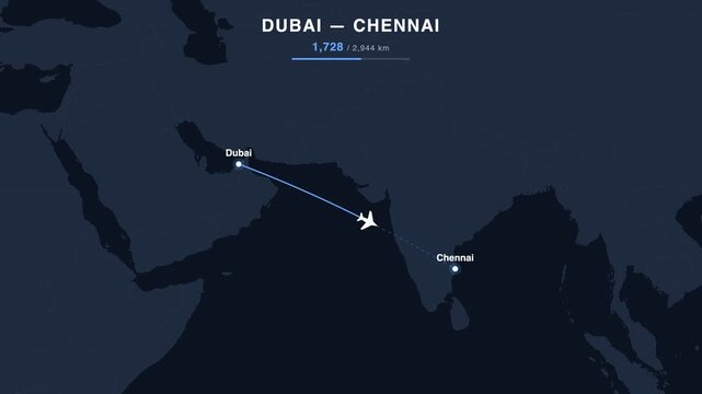 Flight route from Dubai to Chennai animated on a world map. Seamless looping 4K travel animation, 2,944 km.