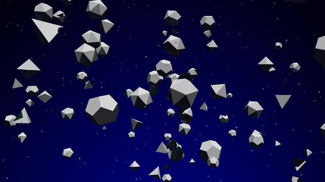 Abstract geometric low poly shapes floating in dark blue space animation loop