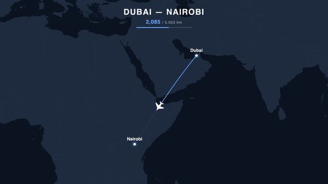 Flight route from Dubai to Nairobi animated on a world map. Seamless looping 4K travel animation, 3,553 km.