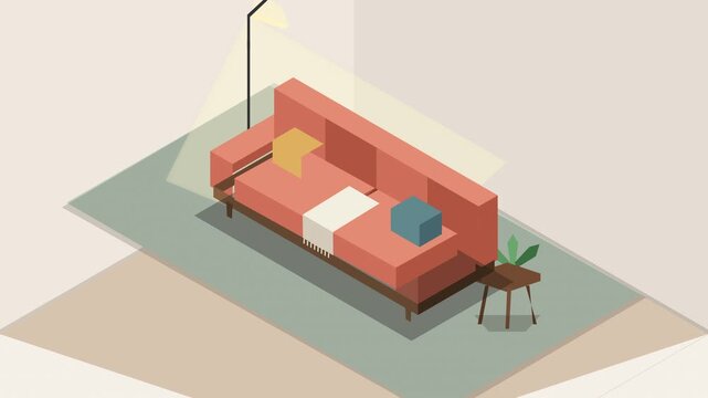 Isometric living room scene with a coral sofa, floor lamp and side table with plant, loop