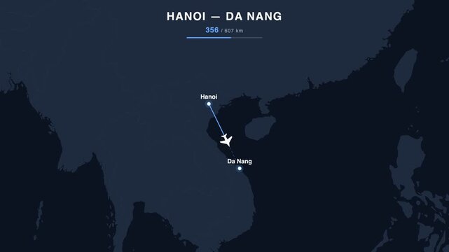 Flight route from Hanoi to Da Nang animated on a world map. Seamless looping 4K travel animation, 607 km.