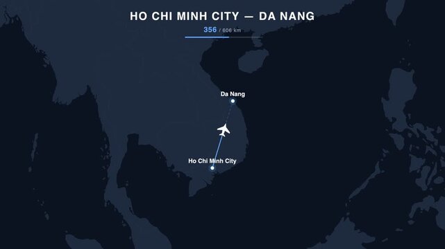 Flight route from Ho Chi Minh City to Da Nang animated on a world map. Seamless looping 4K travel animation, 606 km.