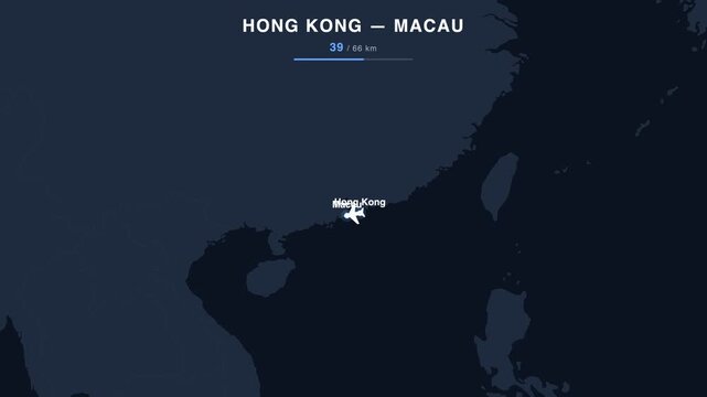 Flight route from Hong Kong to Macau animated on a world map. Seamless looping 4K travel animation, 66 km.