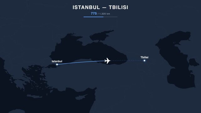 Flight route from Istanbul to Tbilisi animated on a world map. Seamless looping 4K travel animation, 1,320 km.