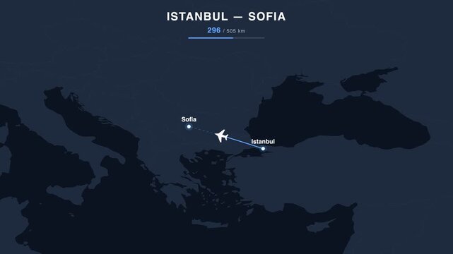Flight route from Istanbul to Sofia animated on a world map. Seamless looping 4K travel animation, 505 km.