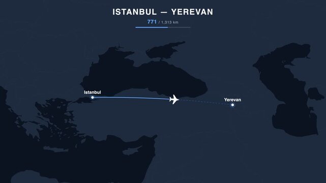 Flight route from Istanbul to Yerevan animated on a world map. Seamless looping 4K travel animation, 1,313 km.