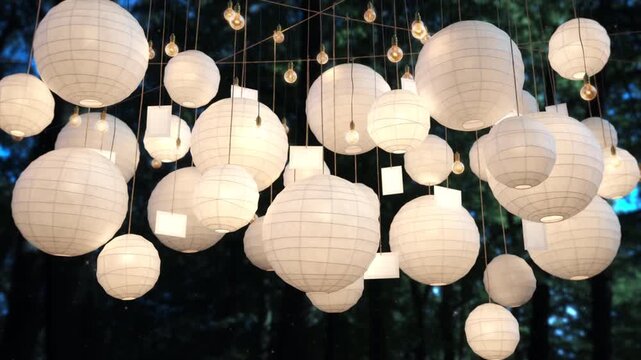 Elegant white paper lanterns glowing in a garden setting at night.
