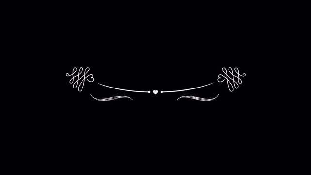 Elegant white vintage calligraphic flourish divider element animation on black background.