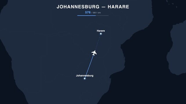 Flight route from Johannesburg to Harare animated on a world map. Seamless looping 4K travel animation, 981 km.