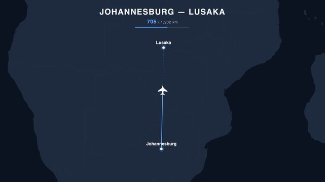 Flight route from Johannesburg to Lusaka animated on a world map. Seamless looping 4K travel animation, 1,202 km.