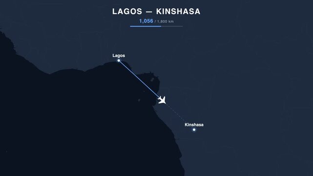 Flight route from Lagos to Kinshasa animated on a world map. Seamless looping 4K travel animation, 1,800 km.