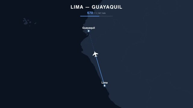 Flight route from Lima to Guayaquil animated on a world map. Seamless looping 4K travel animation, 1,141 km.