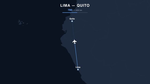 Flight route from Lima to Quito animated on a world map. Seamless looping 4K travel animation, 1,329 km.