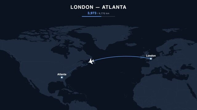 Flight route from London to Atlanta animated on a world map. Seamless looping 4K travel animation, 6,770 km.