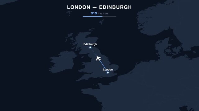 Flight route from London to Edinburgh animated on a world map. Seamless looping 4K travel animation, 533 km.