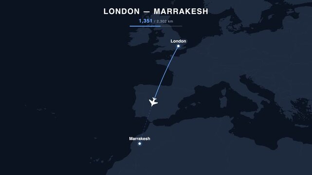 Flight route from London to Marrakesh animated on a world map. Seamless looping 4K travel animation, 2,302 km.