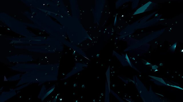 Abstract crystal background with floating dark blue geometric shards in 4K