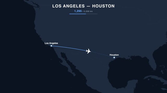 Flight route from Los Angeles to Houston animated on a world map. Seamless looping 4K travel animation, 2,206 km.