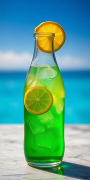 Glass bottle of fizzy soda with ice and lemon slice floating on top, glass bottle, drink