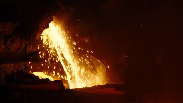 Molten Metal Pouring From Furnace With Sparks in Industrial Foundry