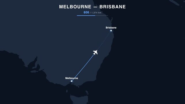 Flight route from Melbourne to Brisbane animated on a world map. Seamless looping 4K travel animation, 1,374 km.