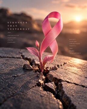 A pink ribbon sprouting from cracked earth, symbolizing strength and hope in the fight against cancer, with STRONGER THAN YESTERDAY text.