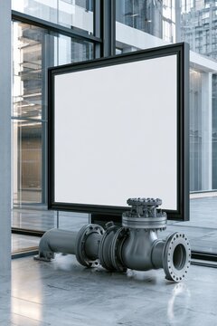 Large empty frame with a grey pipe in a modern building setting