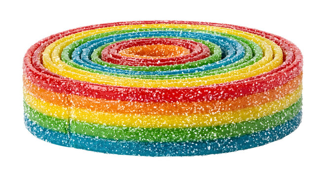 Coiled rainbow sour gummy candy wheel coated with sugar crystals on transparent background