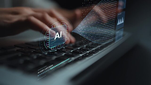 Typing continues at a desk. An AI computing system joins processor activity and data transmission, with signal measurements and event queues describing the flow of information.