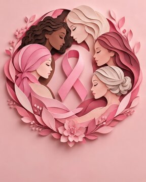 Pink ribbon surrounded by diverse women in a circle representing breast cancer awareness and support
