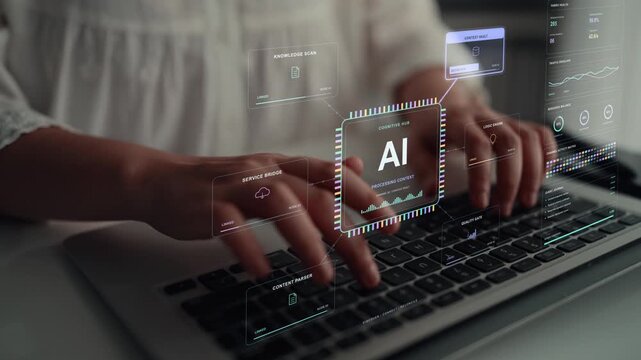 Work continues on a laptop. An AI cognitive system brings memory, information retrieval and external services together, with checkpoints supporting the coordination of contextual work.