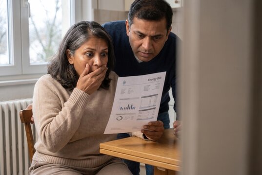 Stressed couple reacting to a high energy bill, experiencing financial shock and inflation impact