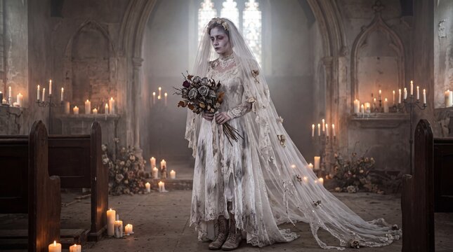 Halloween costumes ghost bride wearing tattered dress in spooky church
