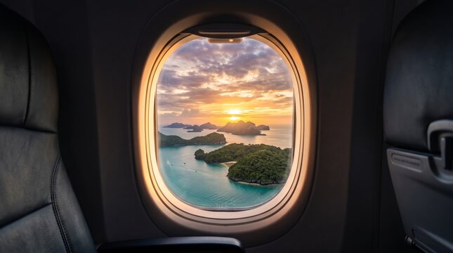 Sunset Aerial View Through Airplane Window Over Tropical Islands.