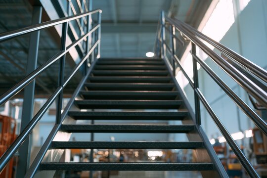 Steel stairs lead to upper level in industrial building with large windows