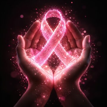 Glowing pink ribbon held by gentle hands, symbolizing hope and awareness in a dark, ethereal setting