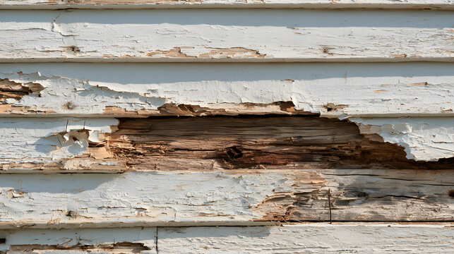 Damaged white wooden siding on an old house exterior showcasing severe decay, peeling paint, and structural rot, highlighting home maintenance issues, property damage, and renovation needs in bright l